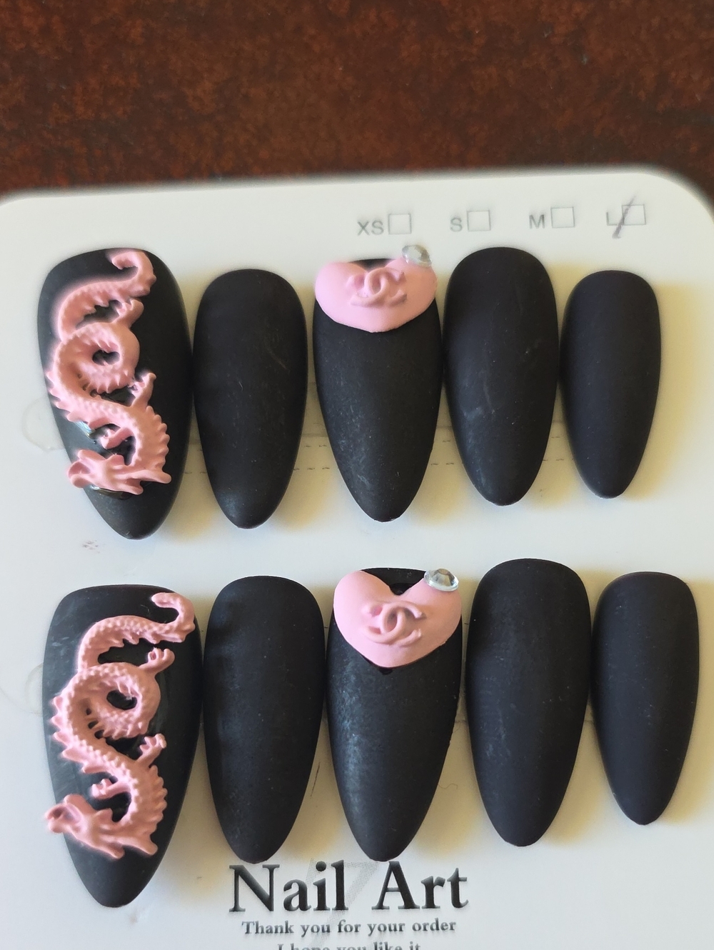 Chic Black Matte Press-On Nails with Pink 3D Embellishments Size Large